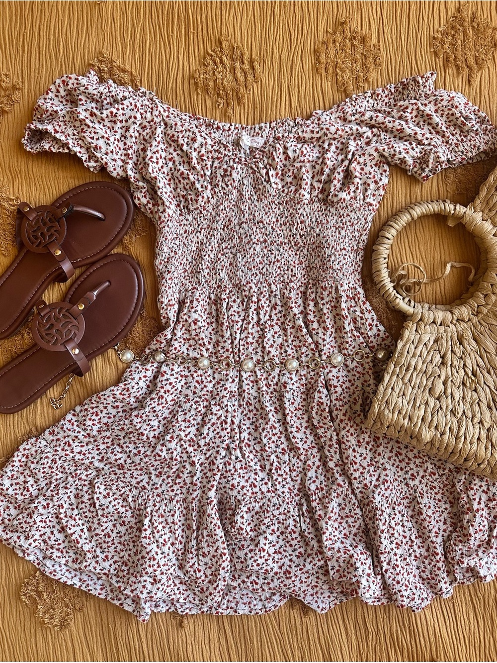 Floral Off-Shoulder Mini Dress Cream with floral Print